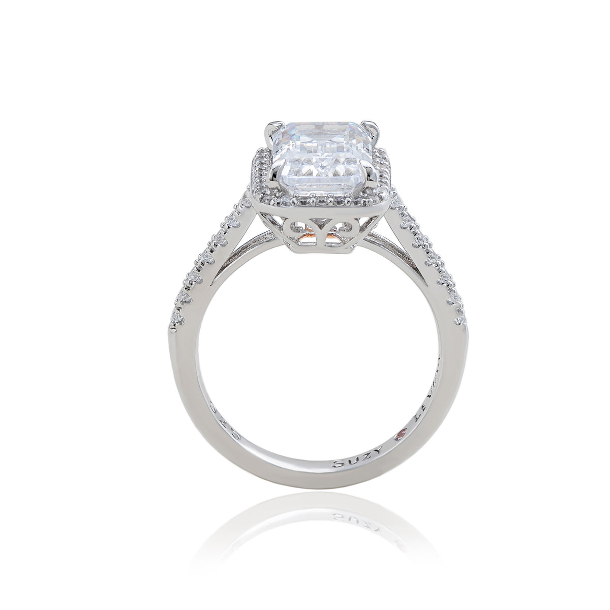Suzy Levian Sterling Silver Emerald Cut White Cubic Zirconia Halo Engagement Ring