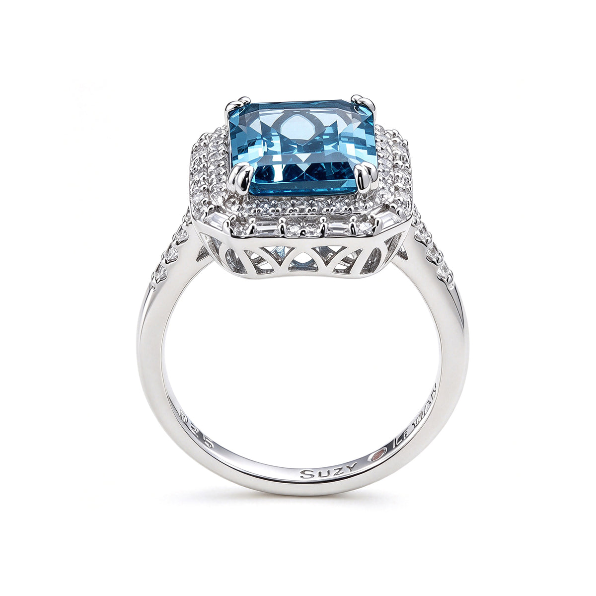 Suzy Levian Sterling Silver Emerald-Cut Aqua Cubic Zirconia White Cubic Zirconia Ring