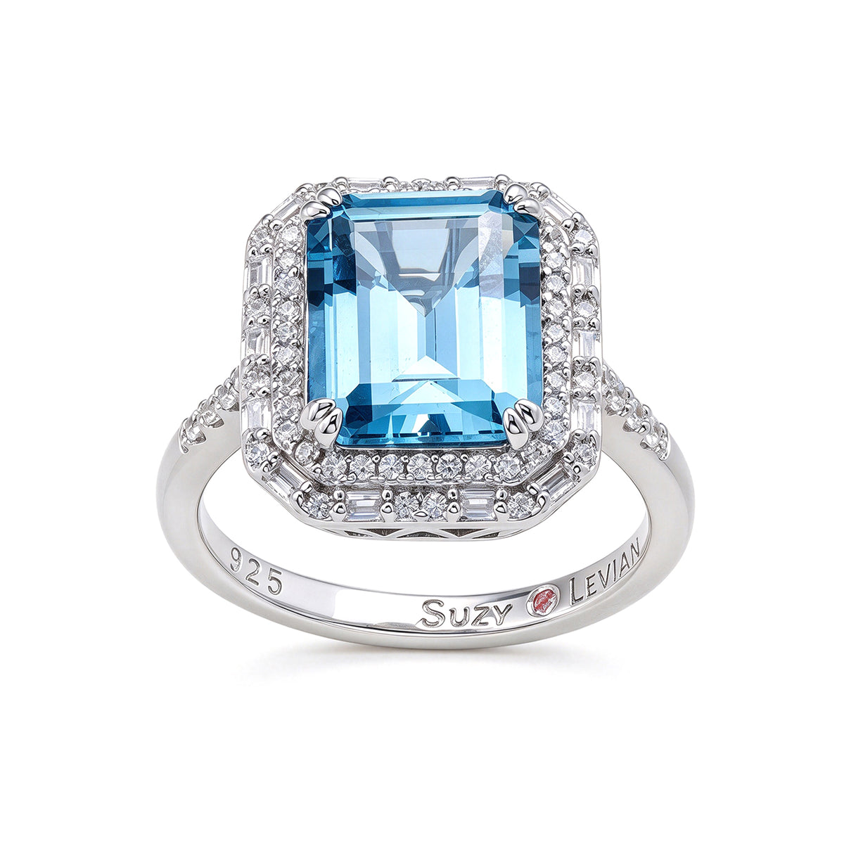 Suzy Levian Sterling Silver Emerald-Cut Aqua Cubic Zirconia White Cubic Zirconia Ring