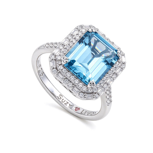 Suzy Levian Sterling Silver Emerald-Cut Aqua Cubic Zirconia White Cubic Zirconia Ring