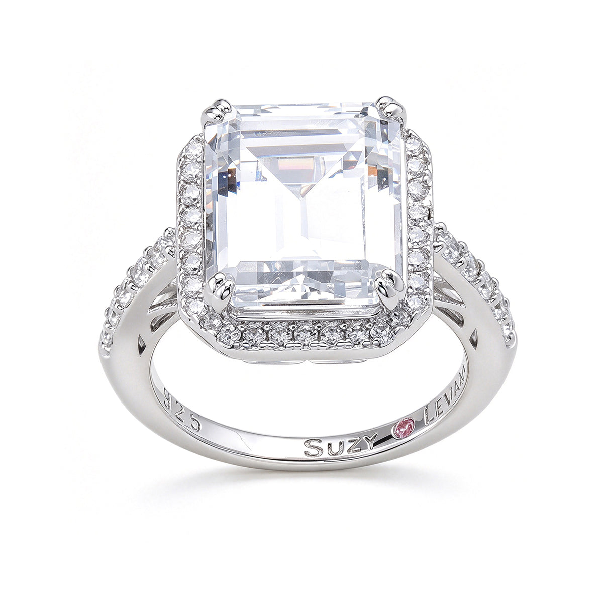 Suzy Levian Sterling Silver Large Emerald Cut White Cubic Zirconia Halo Engagement Ring