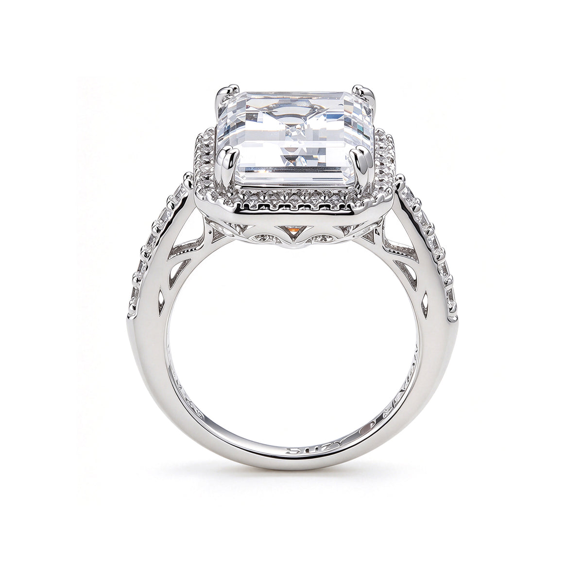 Suzy Levian Sterling Silver Large Emerald Cut White Cubic Zirconia Halo Engagement Ring