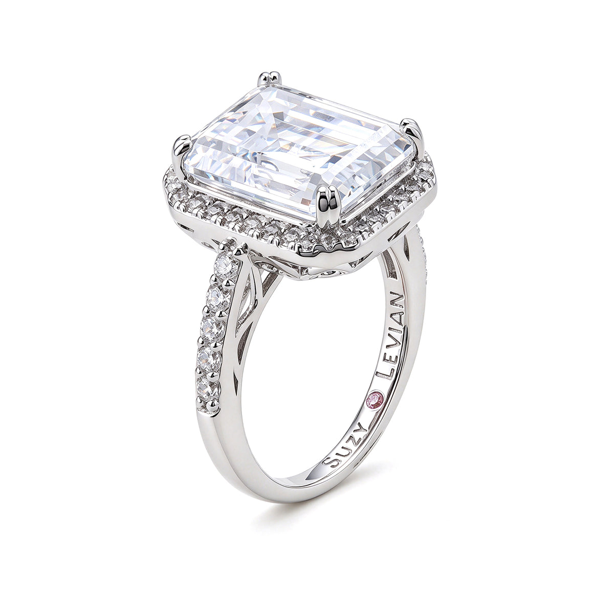 Suzy Levian Sterling Silver Large Emerald Cut White Cubic Zirconia Halo Engagement Ring