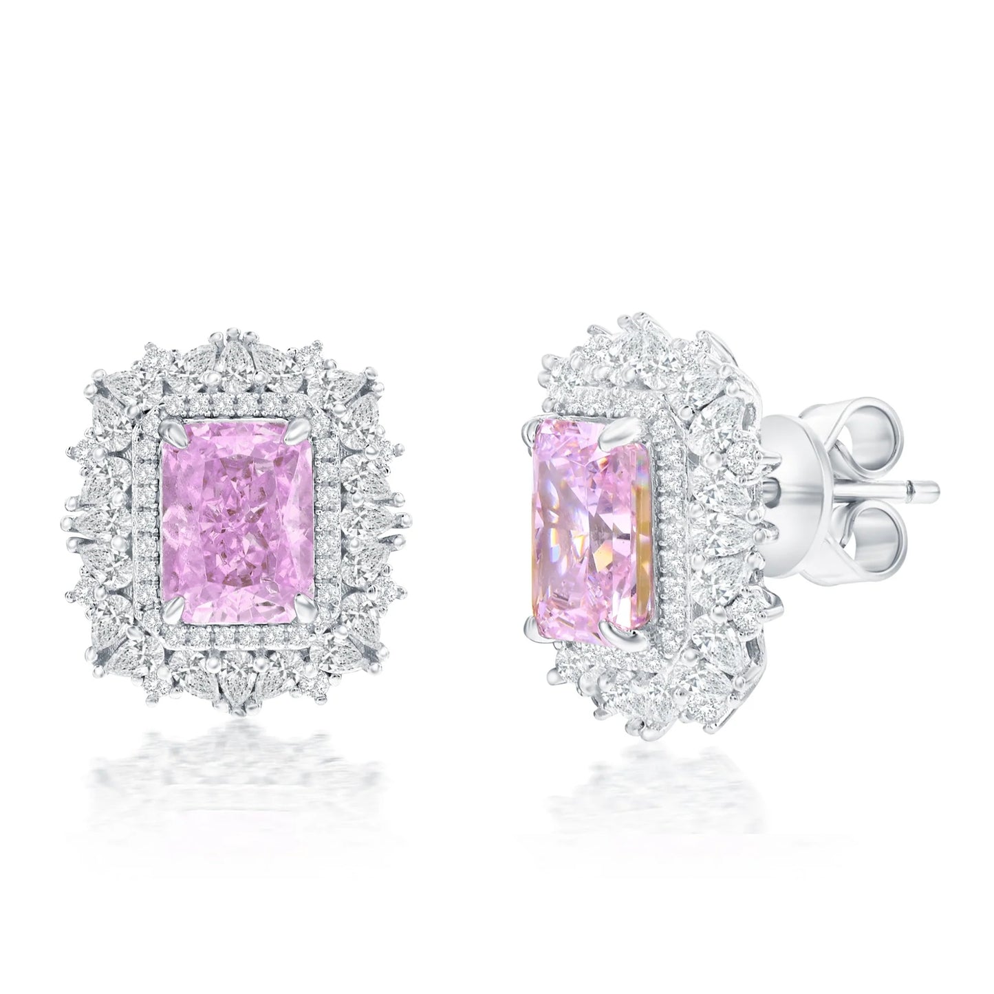 Suzy Levian Sterling Silver Gala Firework Emerald Cut Pink & White Cubic Zirconia Cluster Earrings