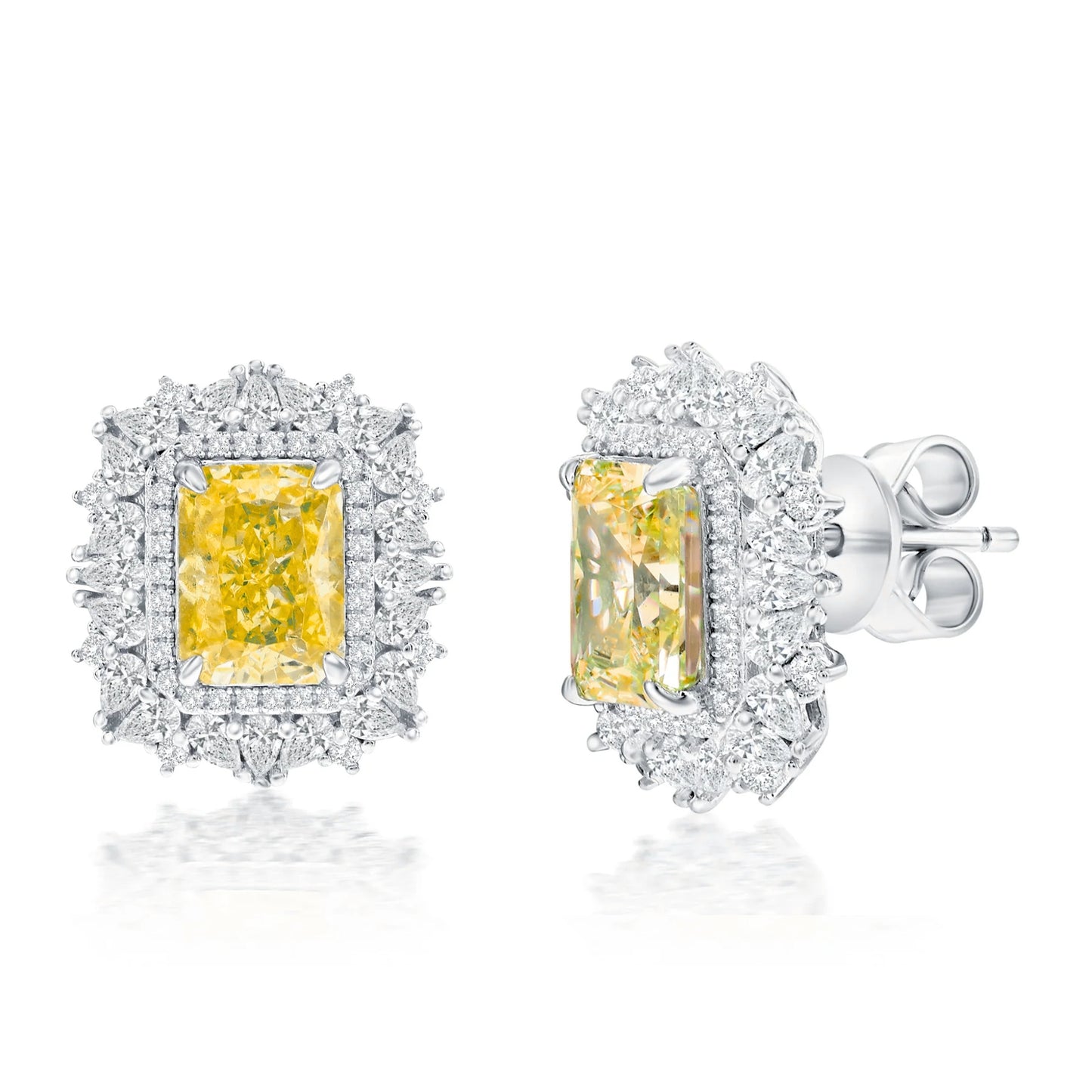 Suzy Levian Sterling Silver Gala Firework Emerald Cut Yellow & White Cubic Zirconia Cluster Earrings