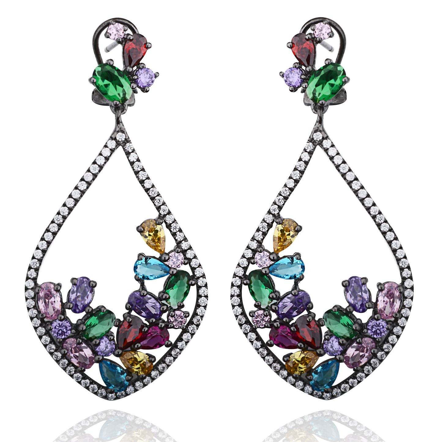 Suzy Levian Black Rhodium-plated Sterling Silver Multi-color Cubic Zirconia Cluster Drop Earrings
