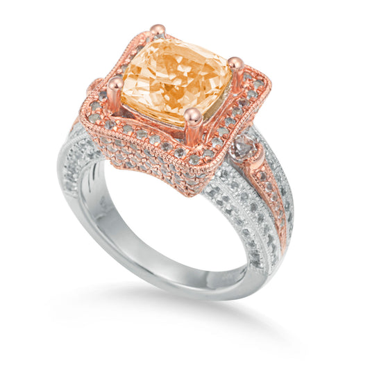 Suzy Levian Two-Tone Sterling Silver 5.57 cttw Cushion Cut Orange Citrine Ring