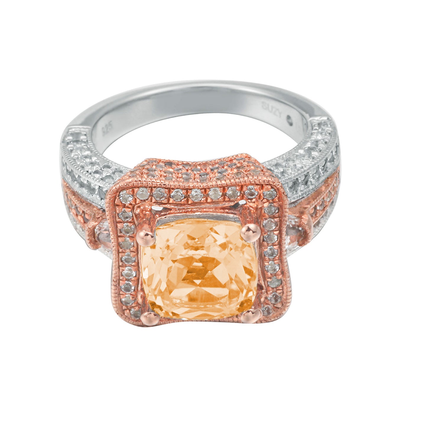 Suzy Levian Two-Tone Sterling Silver 5.57 cttw Cushion Cut Orange Citrine Ring
