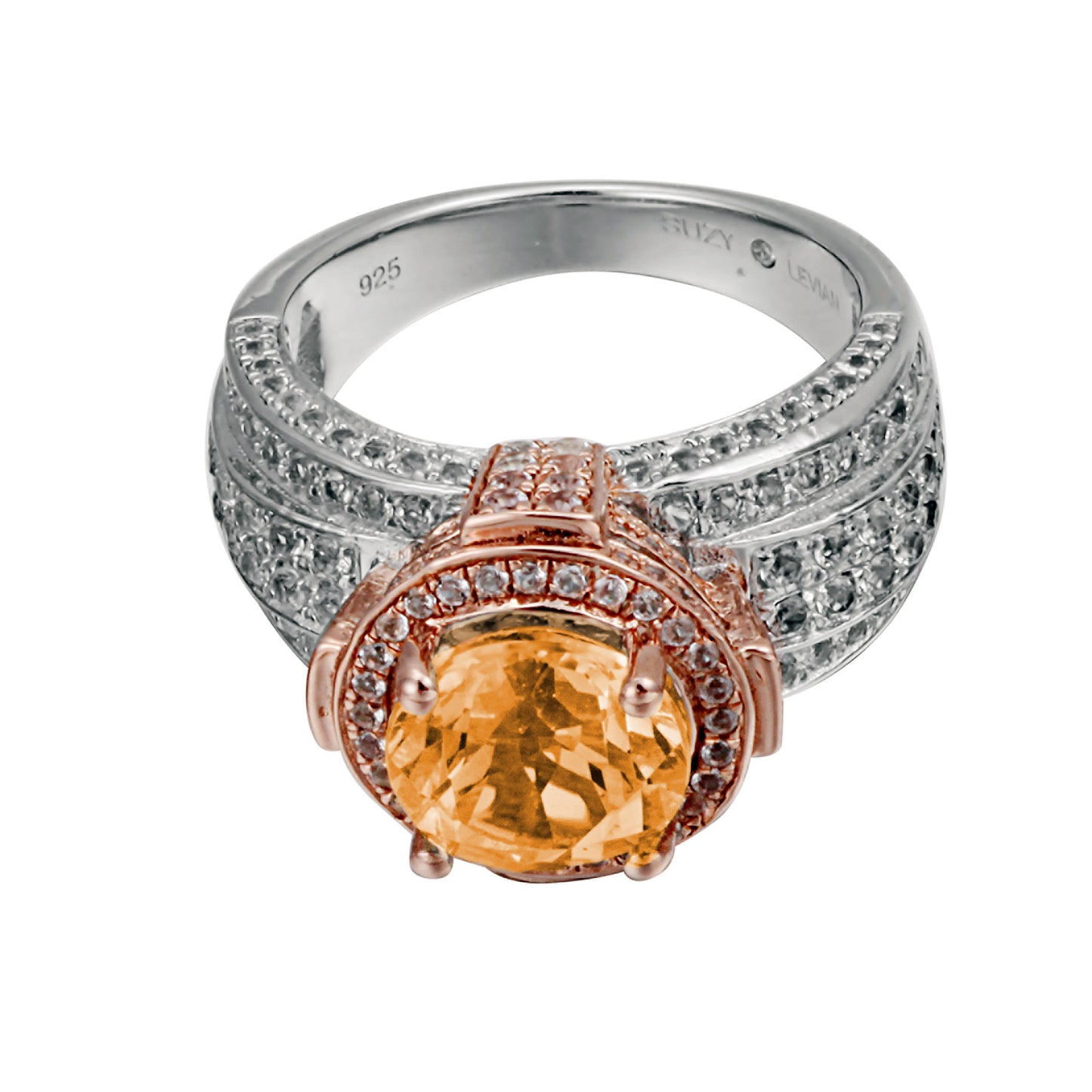 Suzy Levian Two-Tone Sterling Silver Round 5.71 cttw Orange Citrine Ring