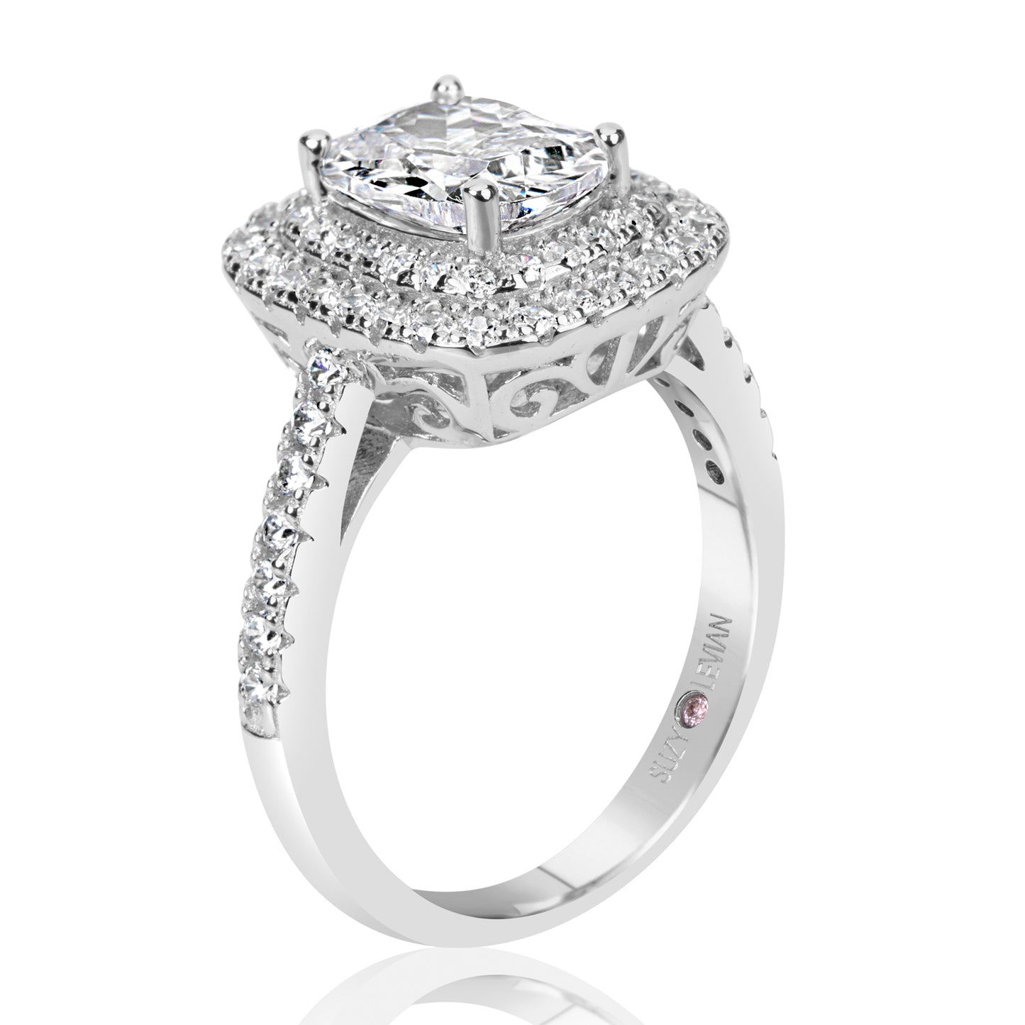 Suzy Levian Sterling Silver Cushion Cut White Cubic Zirconia Double Halo Bridal Ring