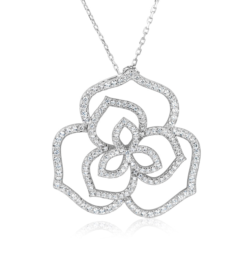 Suzy Levian Sterling Silver White Cubic Zirconia Wild Flower Pendant Necklace.
