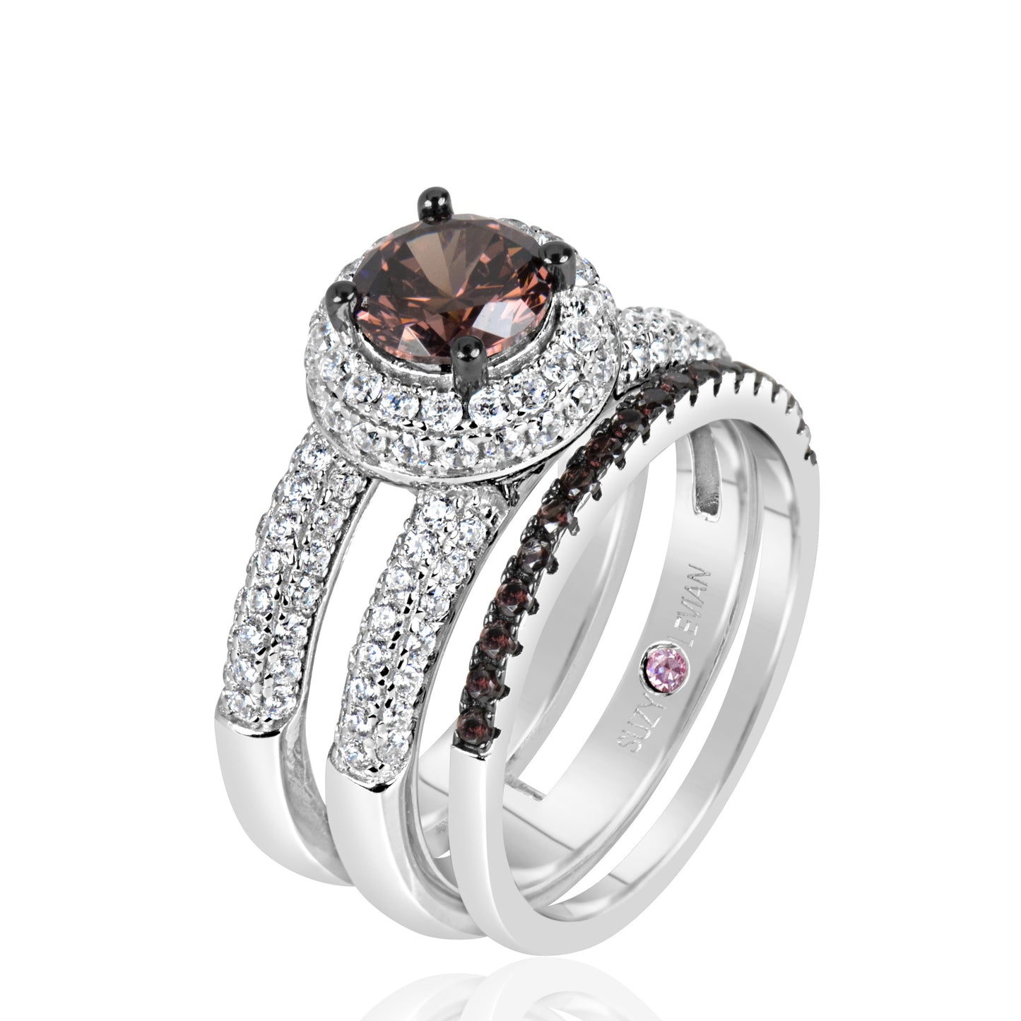 Suzy Levian Sterling Silver Brown Brown and White Cubic Zirconia 2-Piece Engagement Ring