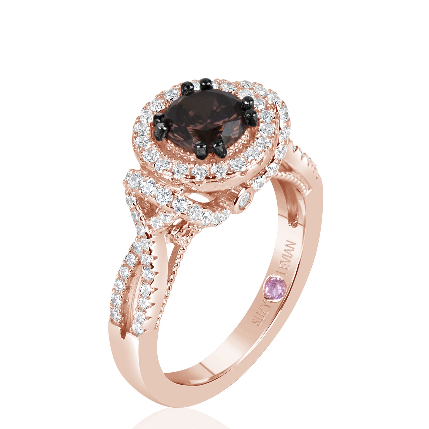 Suzy Levian Rose Sterling Silver Brown Brown and White Cubic Zirconia Engagement Ring