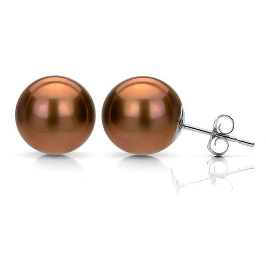 Suzy Levian 14k White Gold Round Brown Freshwater Pearl Stud Earrings - 7 mm