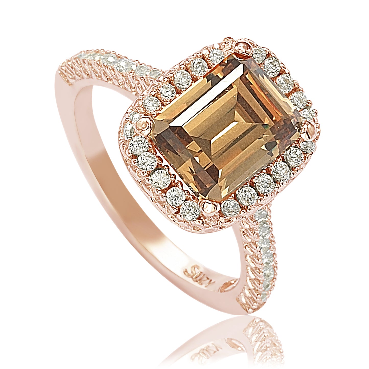Suzy Levian Bridal Brown Cubic Zirconia with Halo Rose Sterling Silver Ring