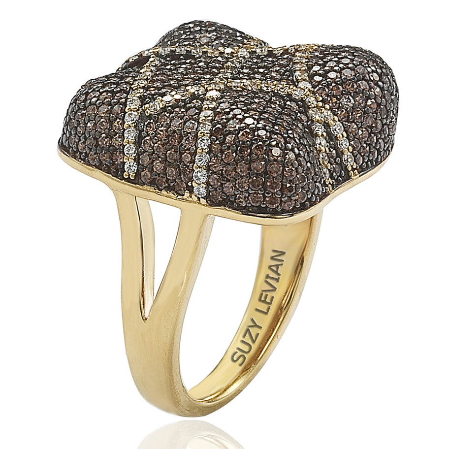 Suzy Levian Gold Plated Sterling Silver Brown Cubic Zirconia Crossover Micro Pave Cushion Anniversary Ring
