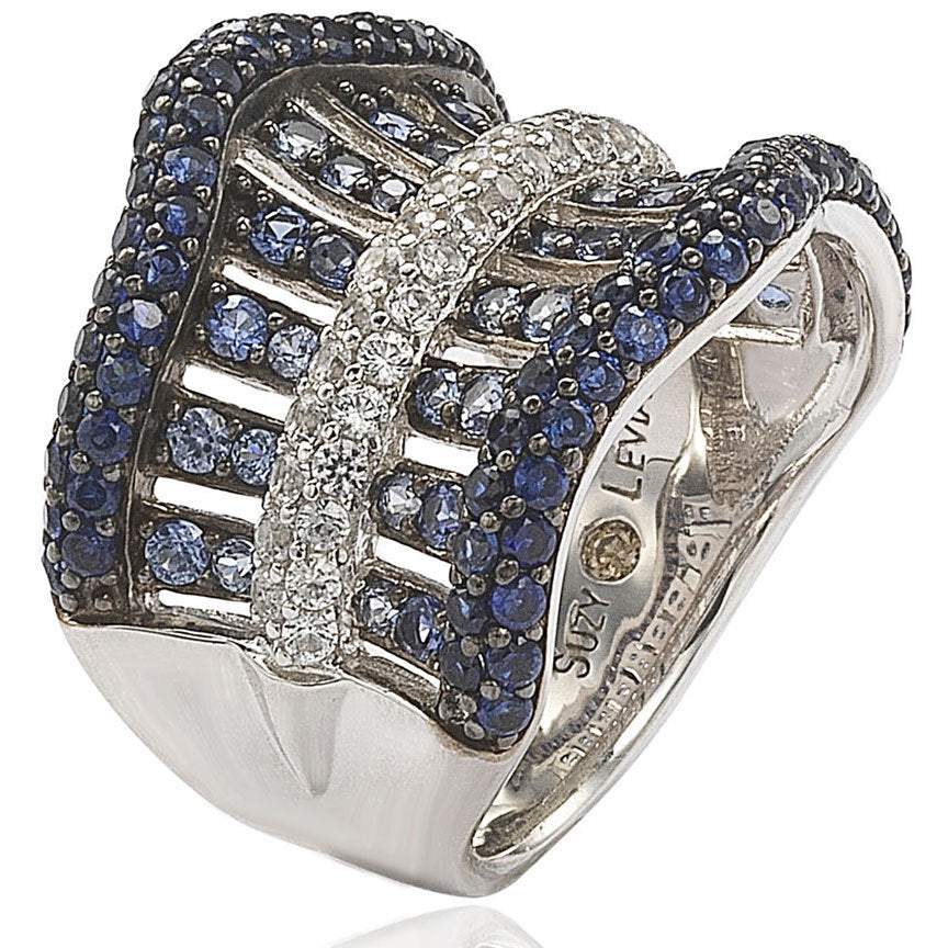 Suzy Levian Sterling Silver Sapphire and 6 Catt Diamond Crossing Ring