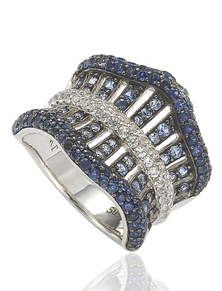 Suzy Levian Sterling Silver Sapphire and 6 Catt Diamond Crossing Ring