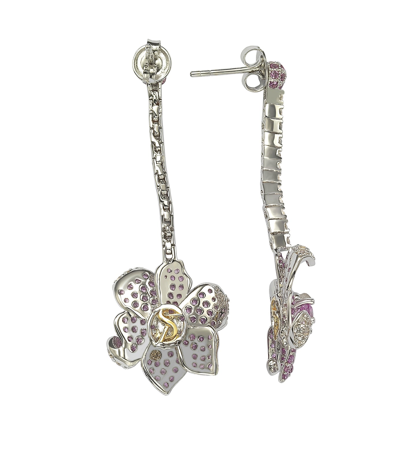Suzy Levian Sterling Silver Pink Sapphire and Diamond Accent Flower Earrings