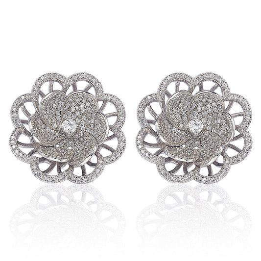 Suzy Levian Sterling Silver Cubic Zirconia Pave Flower Earrings