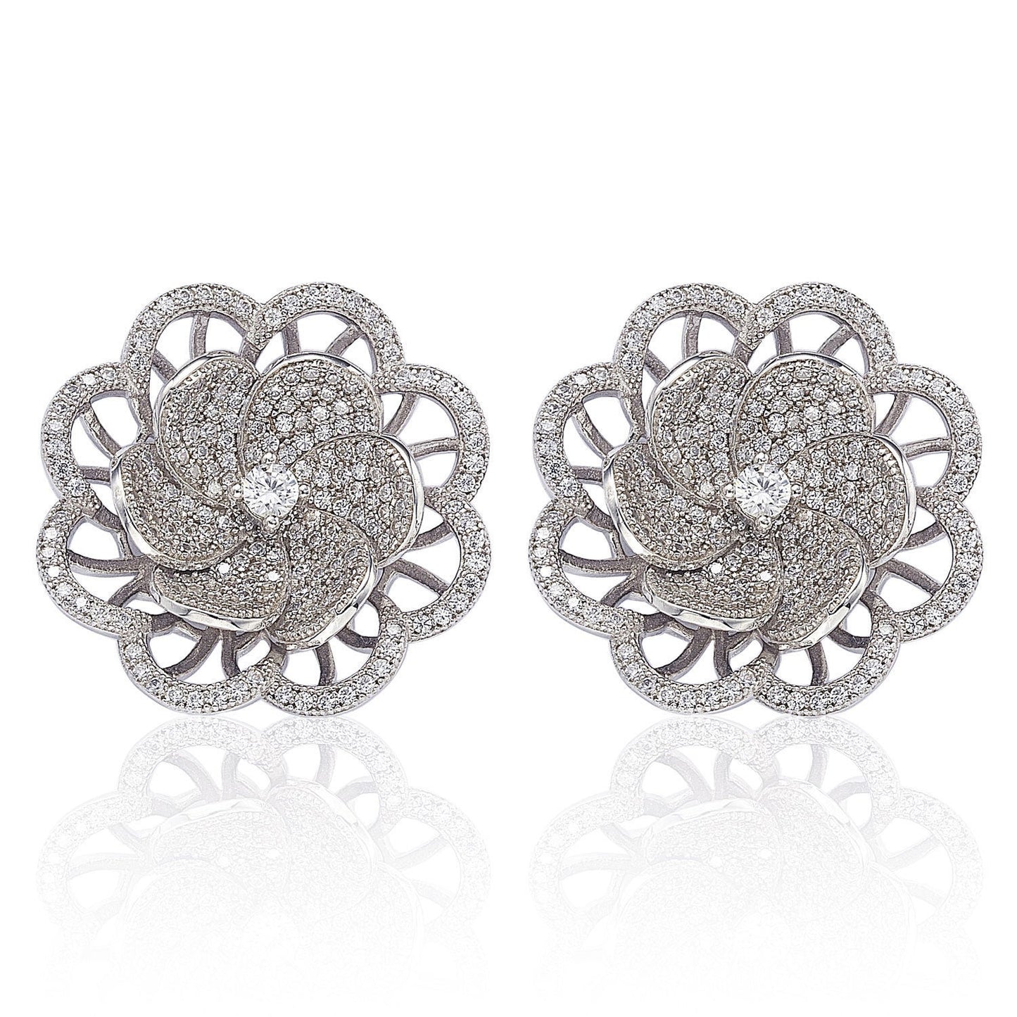 Suzy Levian Sterling Silver Cubic Zirconia Pave Flower Earrings