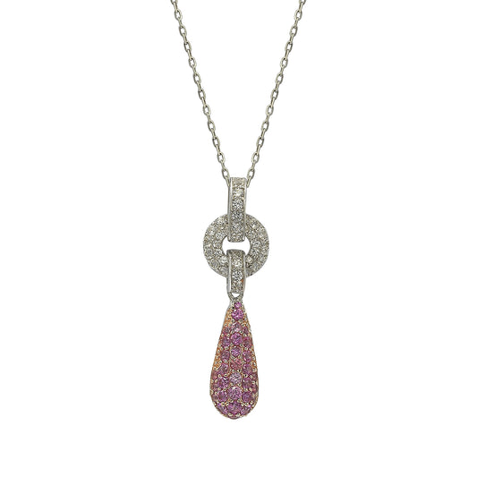 Suzy Levian Sterling Silver Pink Sapphire and Diamond Accent Pave Tear Drop Pendant