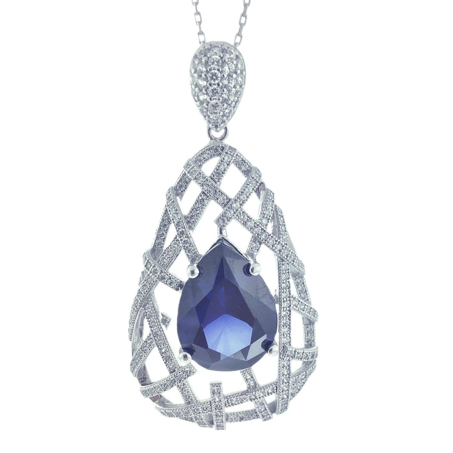 Suzy Levian Sterling Silver Blue Pear-Cut Cubic Zirconia Royal-Inspired Pendant