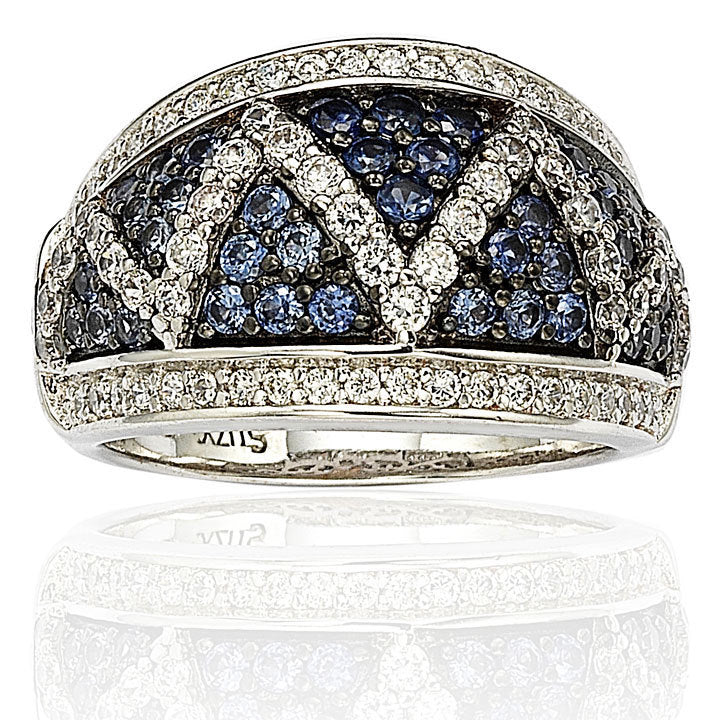 Suzy Levian Sterling Silver and 18K Gold Sapphire and Diamond Pave Zig Zag Ring