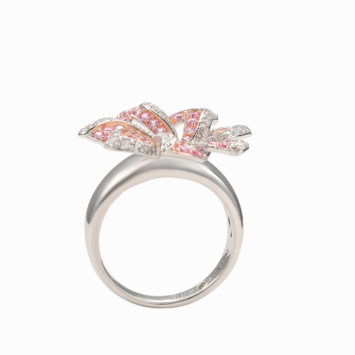 Suzy Levian Pink Sapphire and Diamond in Sterling Silver Flower Ring