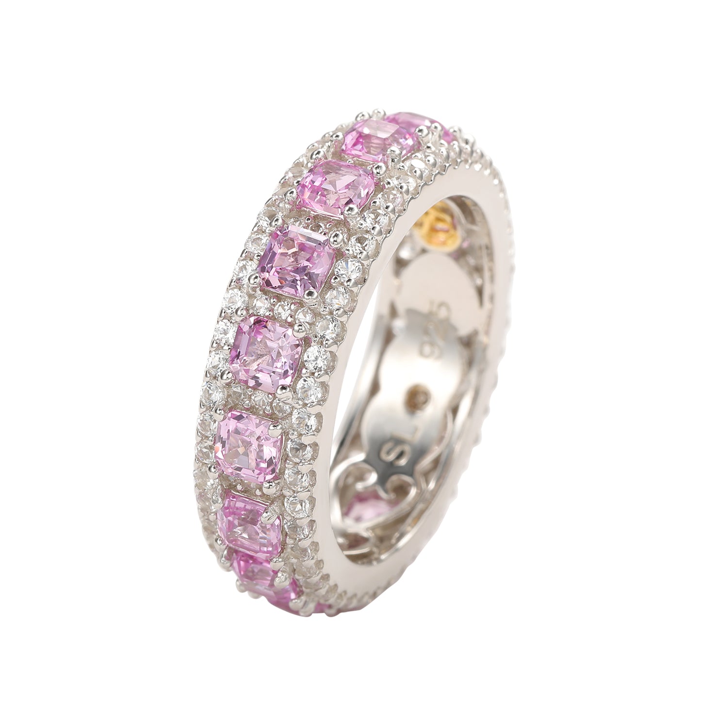 Suzy Levian Sterling Silver Pink Sapphire Diamond Accent Modern Eternity Band