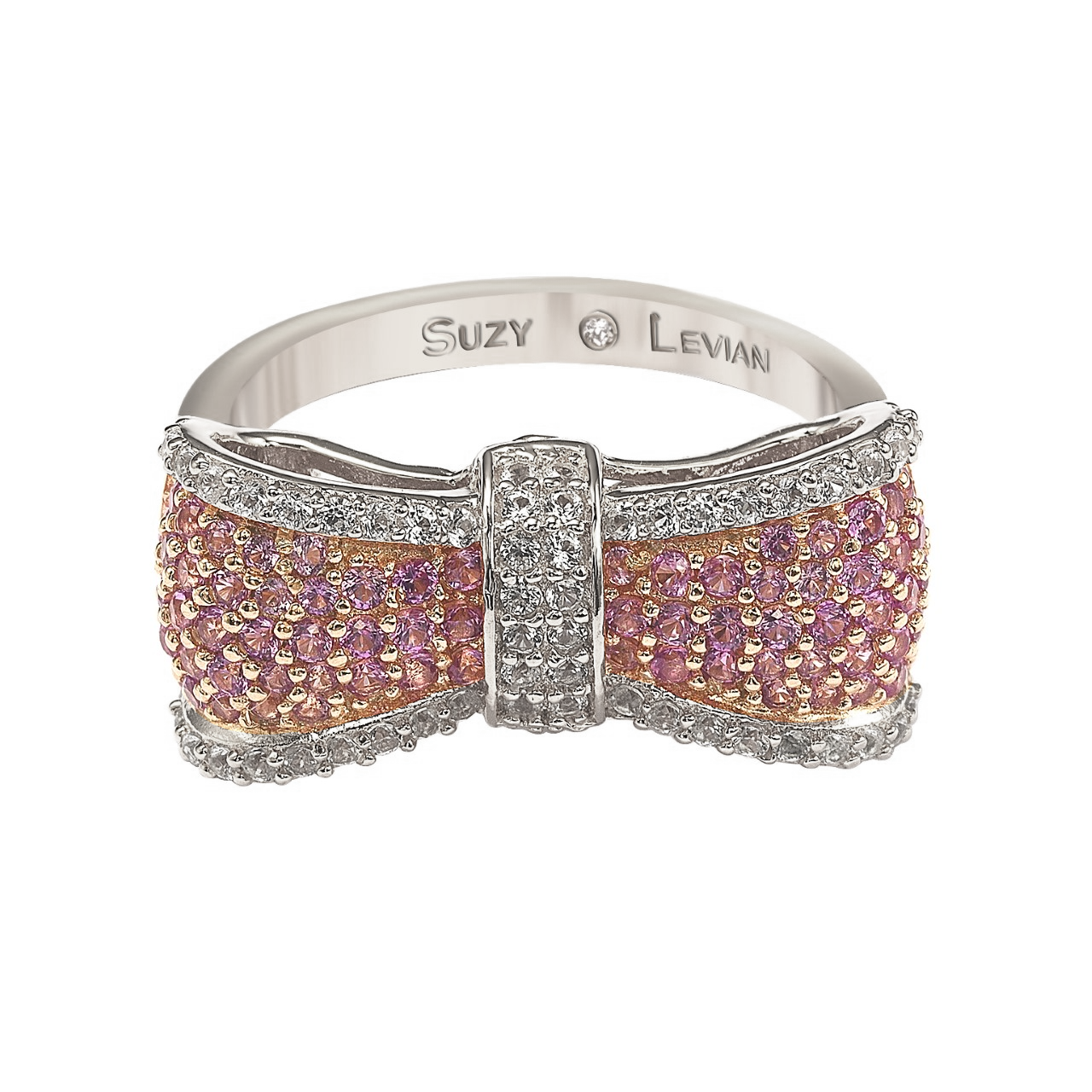 Suzy Levian Sterling Silver Pink & White Sapphire & Diamond Accent Bow Ring