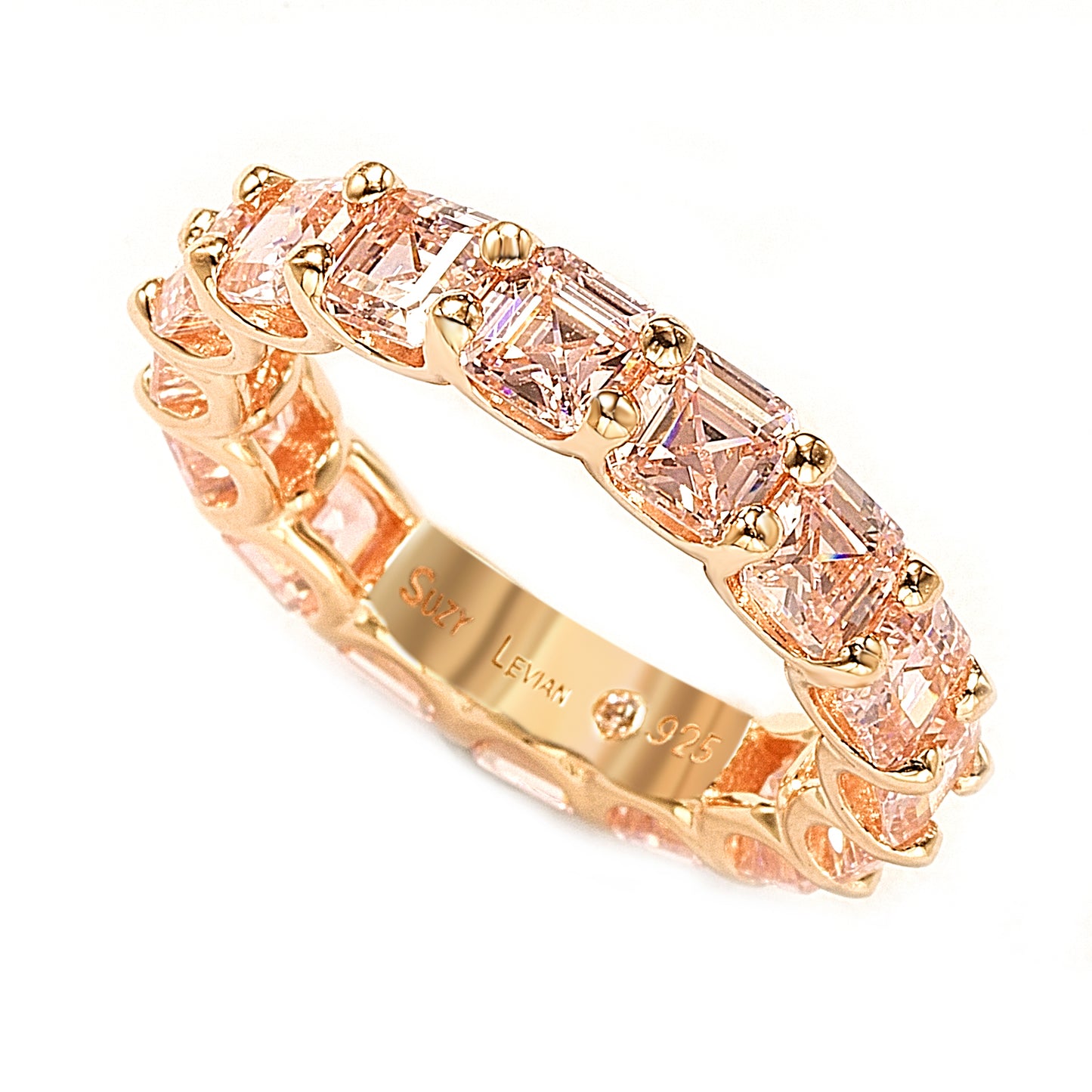 Suzy Levian Rosed Sterling Silver Pink Cubic Zirconia Asscher Cut Eternity Band