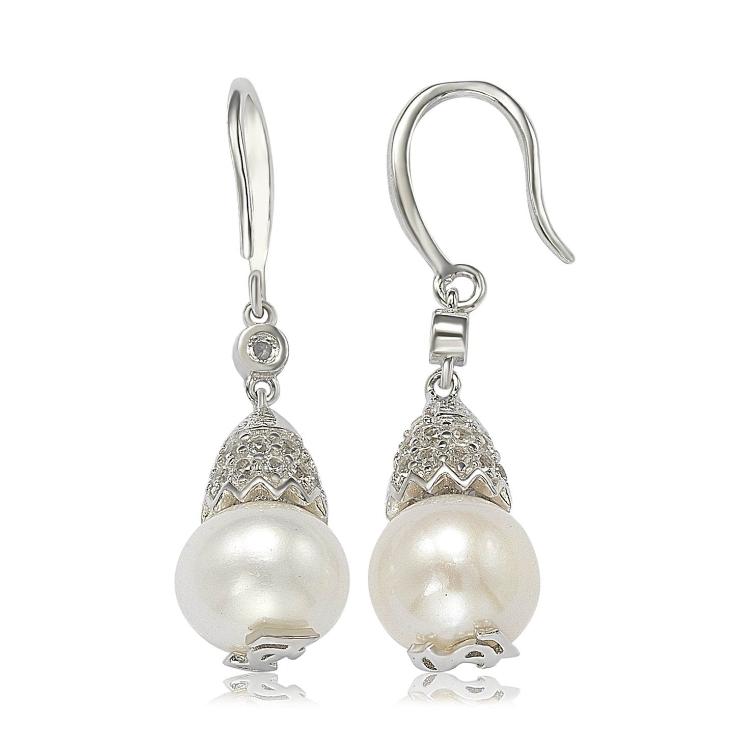 Suzy Levian Sterling Silver Pearl & White Sapphire Hook Earrings