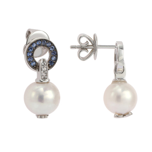 Suzy Levian Sterling Silver Pearl & Blue Sapphire Circle Earrings