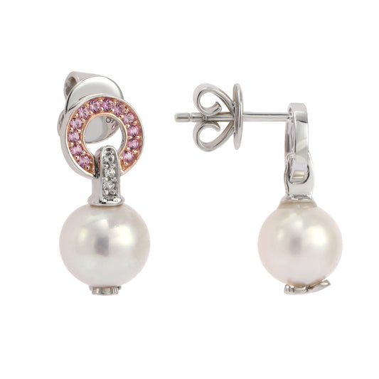 Suzy Levian Sterling Silver Pearl & Pink Sapphire Circle Earrings