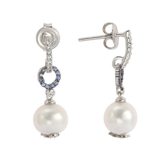 Suzy Levian Sterling Silver Pearl & Blue Sapphire Dangle Earrings