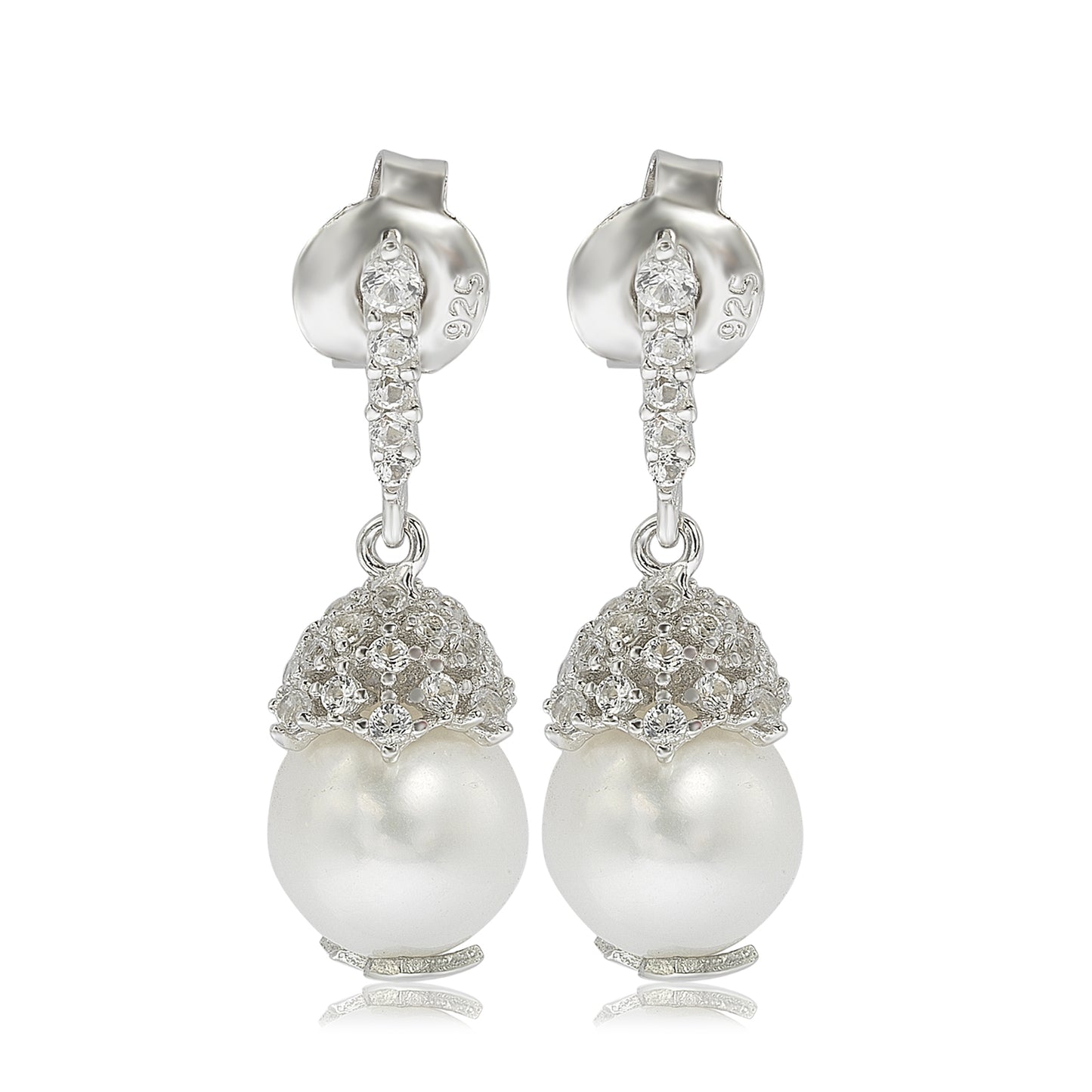 Suzy Levian Sterling Silver Pearl & White Sapphire Crown Earrings