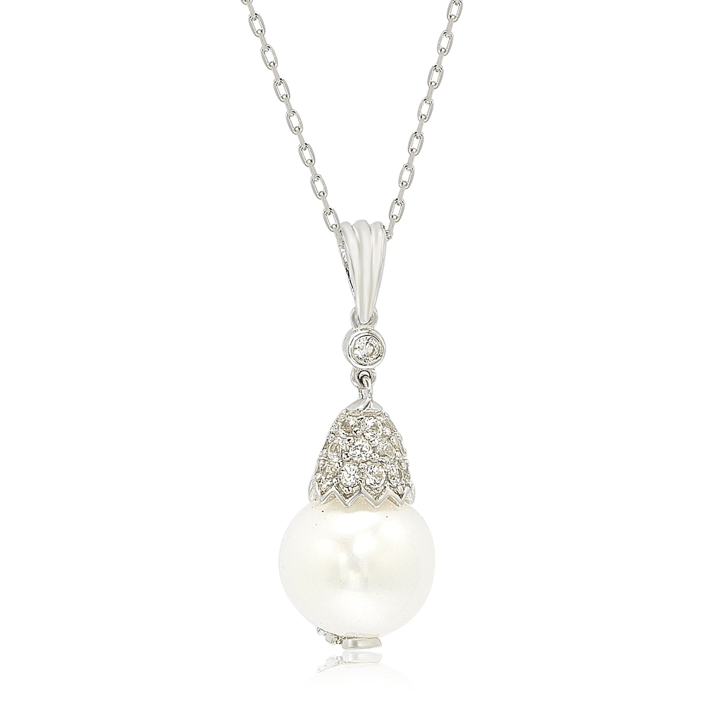 Suzy Levian Sterling Silver Pearl & White Sapphire Crown Pendant