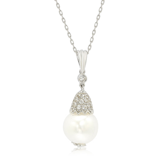 Suzy Levian Sterling Silver Pearl & White Sapphire Crown Pendant
