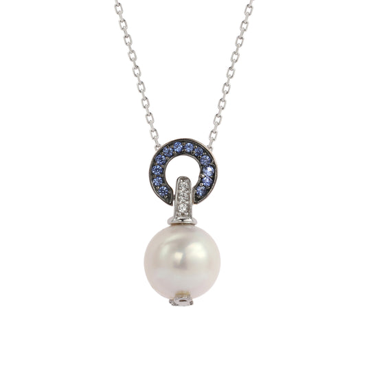 Suzy Levian Sterling Silver Pearl & Blue Sapphire Classic Circle Pendant