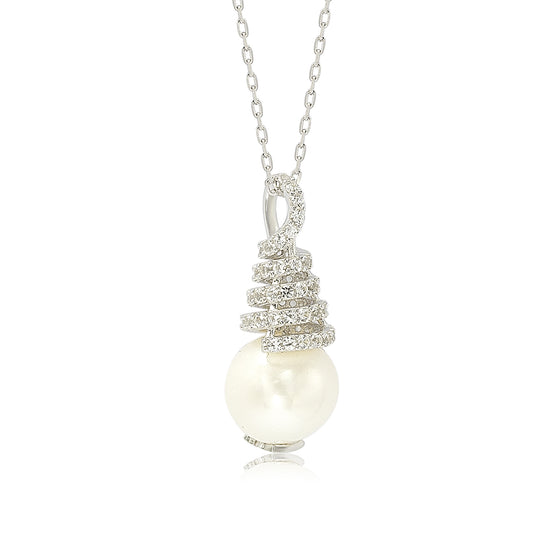 Suzy Levian Sterling Silver Pearl & White Sapphire Swirl Pendant