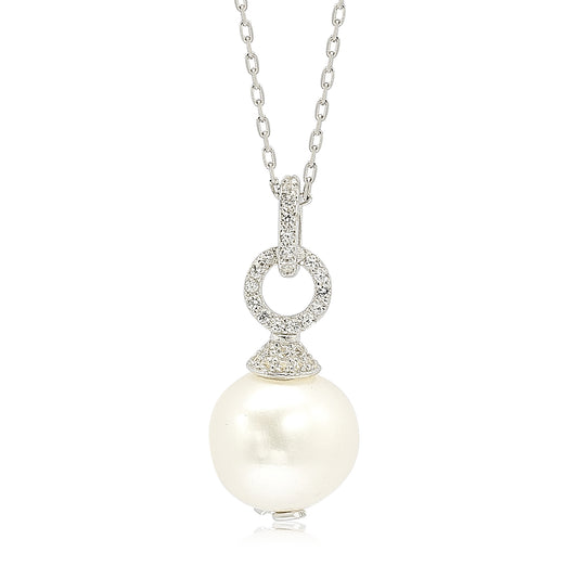 Suzy Levian Sterling Silver Pearl & White Sapphire Dangle Pendant