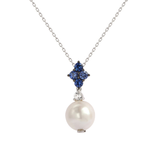Suzy Levian Sterling Silver Pearl & Blue Sapphire Cluster Pendant