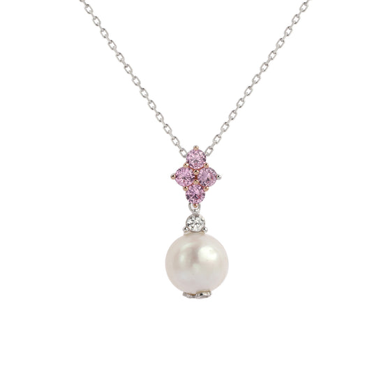 Suzy Levian Sterling Silver Pearl & Pink Sapphire Cluster Pendant