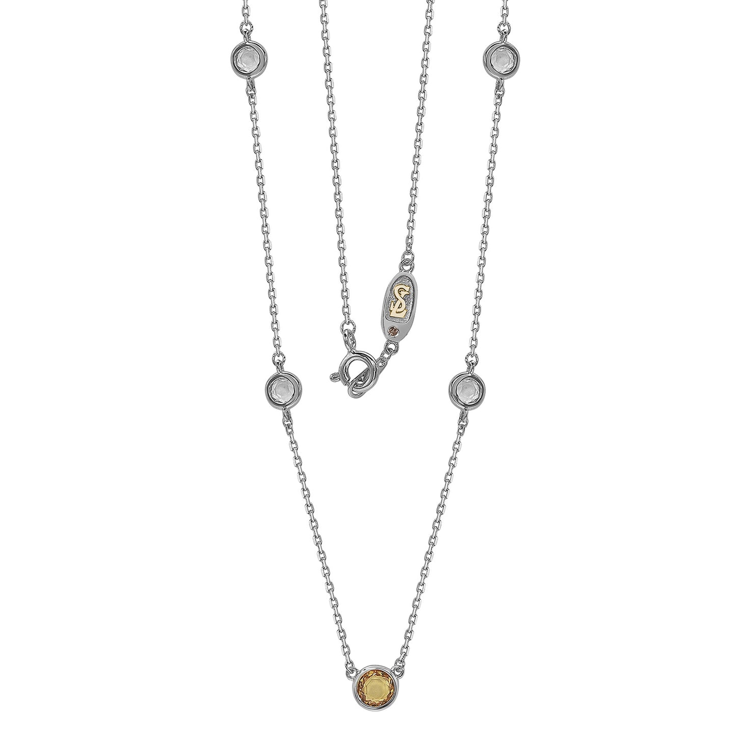 Suzy Levian Yellow Sapphire & Diamond Accent (1.50cttw) White Sterling Silver 5 Stone Station Necklace