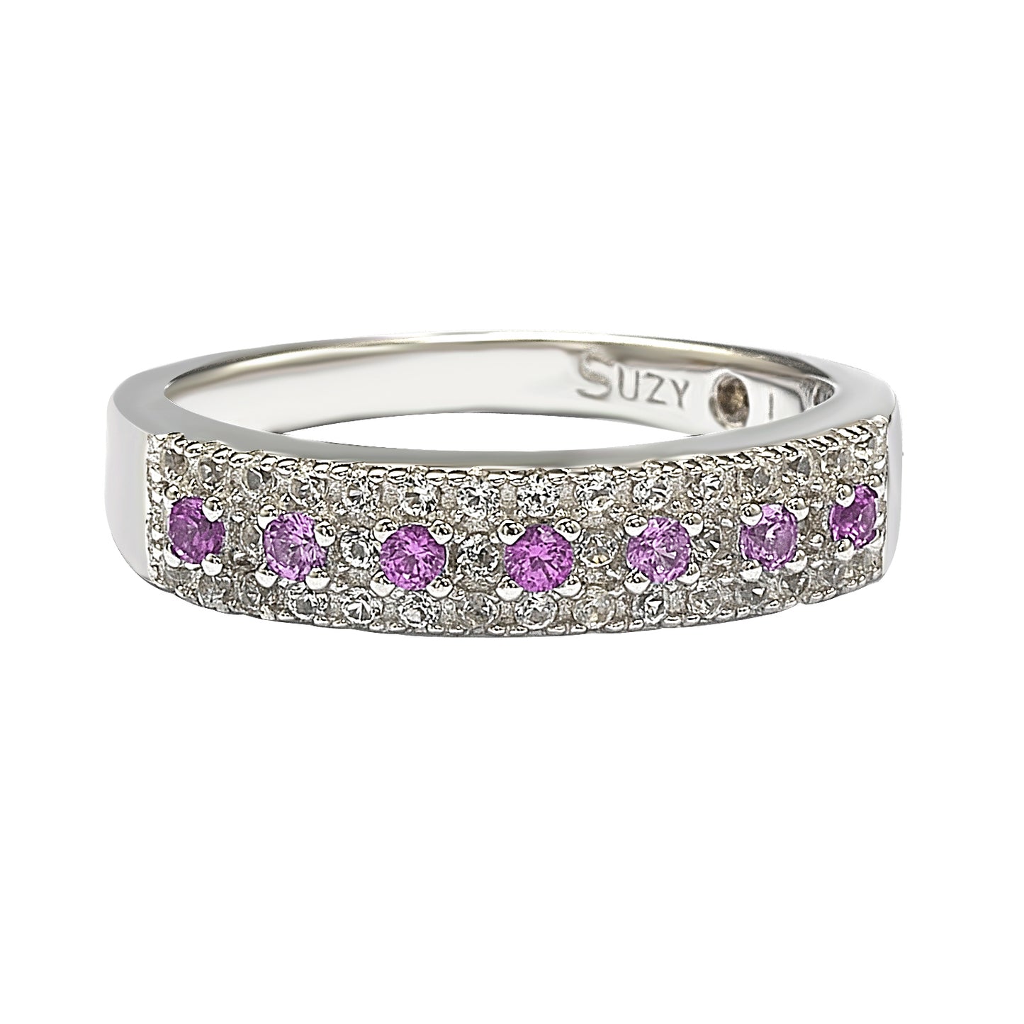 Suzy Levian Sterling Silver Pink Sapphire & Diamond Accent Pave Band Ring