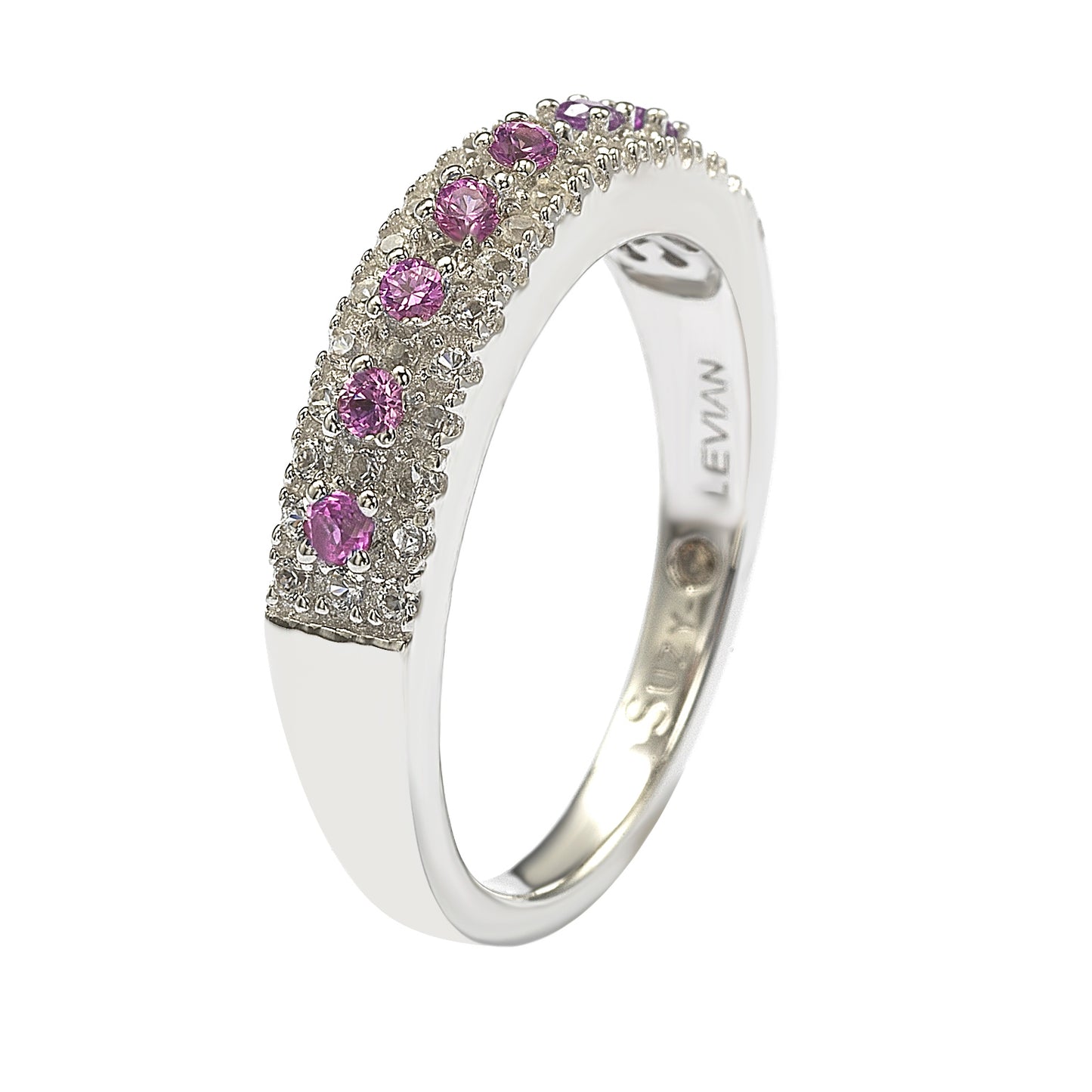 Suzy Levian Sterling Silver Pink Sapphire & Diamond Accent Pave Band Ring