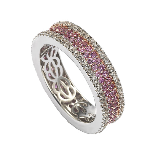 Suzy Levian Sterling Silver Pink Sapphire and Diamond Accent Pave Eternity Band