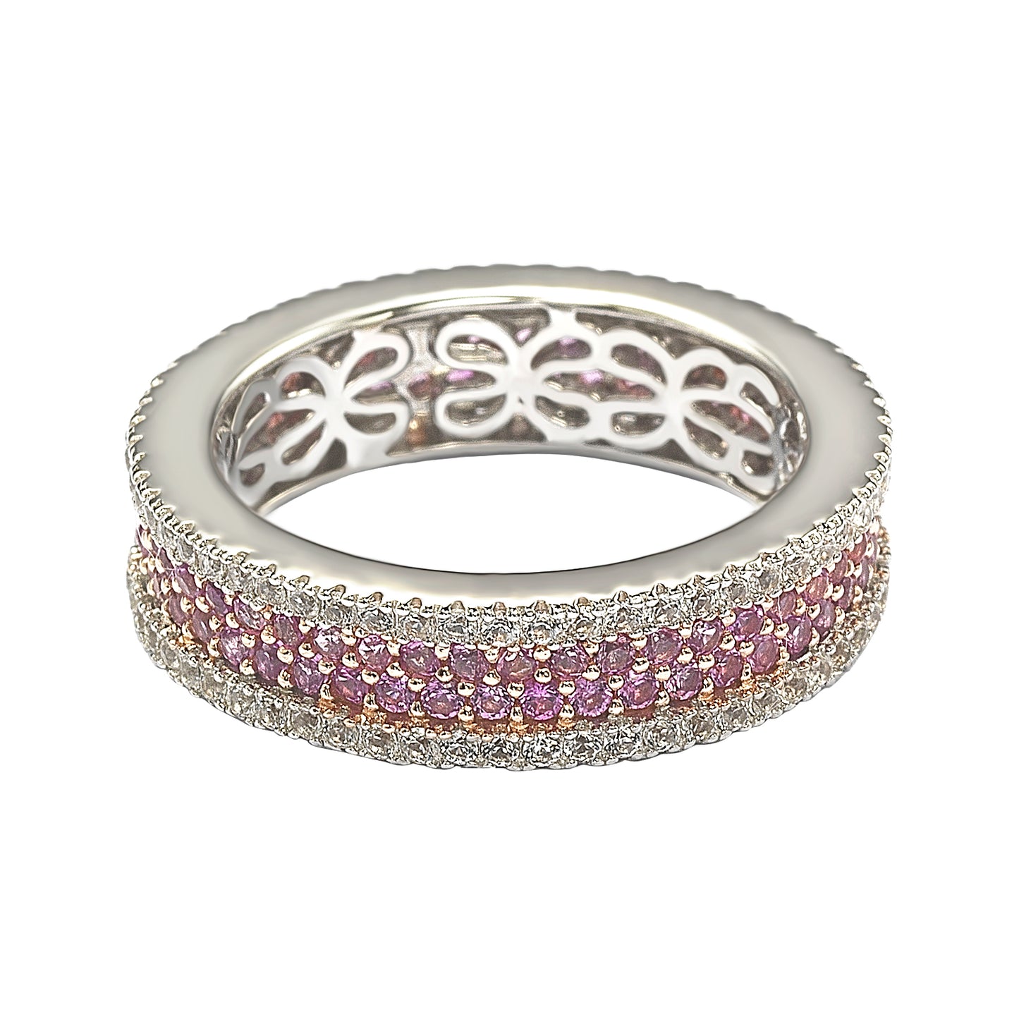 Suzy Levian Sterling Silver Pink Sapphire and Diamond Accent Pave Eternity Band