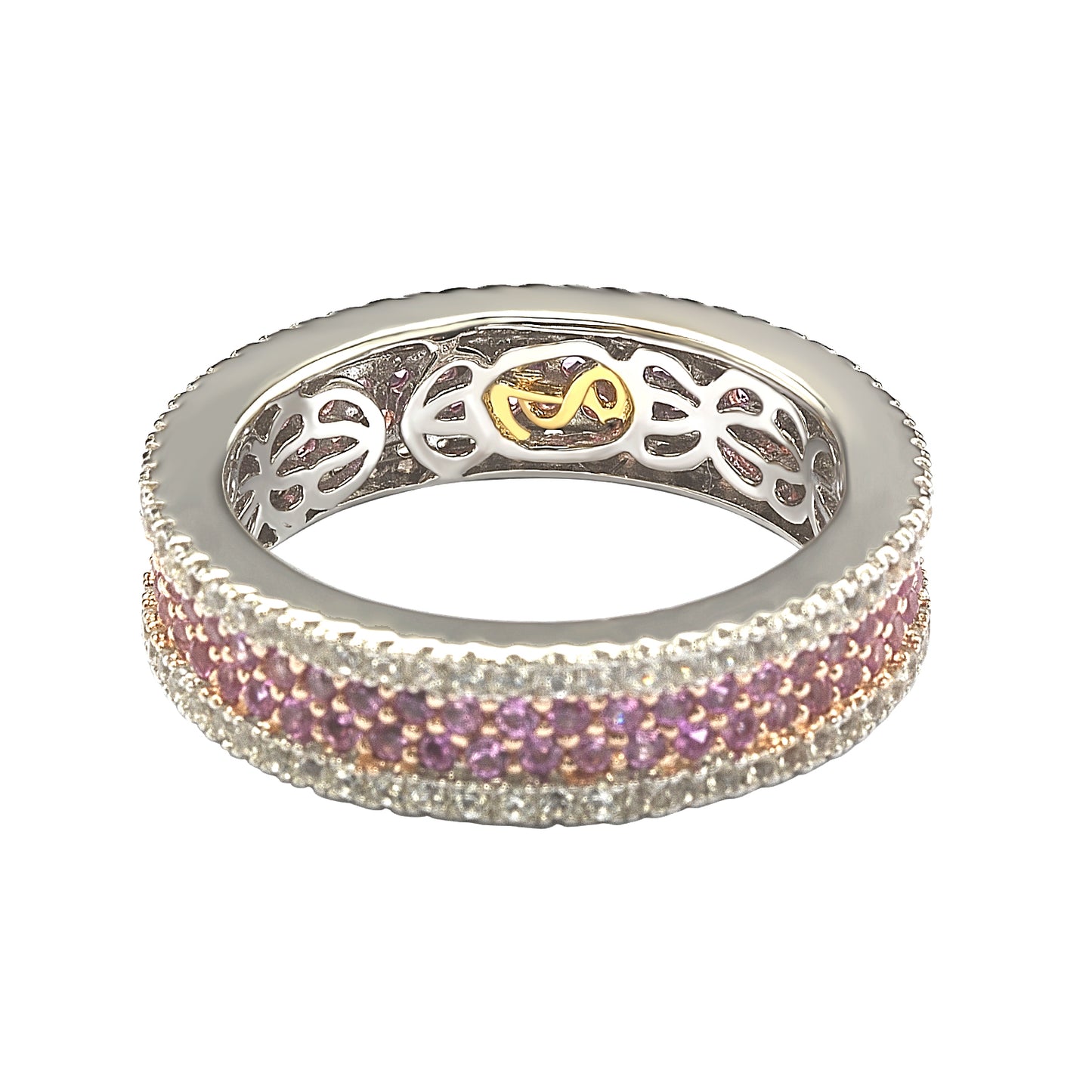 Suzy Levian Sterling Silver Pink Sapphire and Diamond Accent Pave Eternity Band